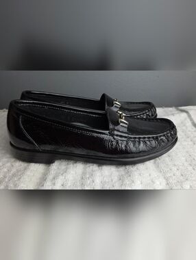 SAS Black Patent Leather Slip-On Loafers with Silver Bit